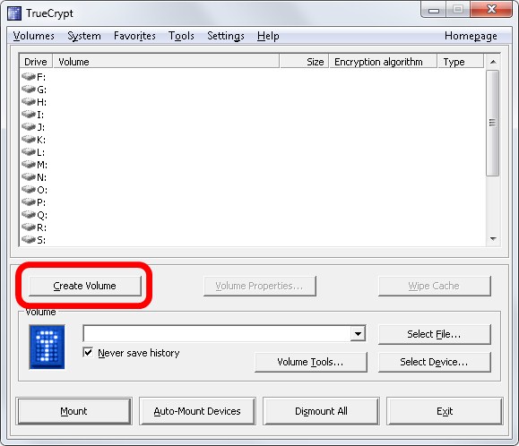 1 - Tela inicial do Truecrypt 1 - Tela inicial do Truecrypt