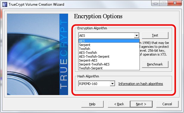 5 - Escolha do algoritmo criptográfico no Truecrypt 5 - Escolha do algoritmo criptográfico no Truecrypt