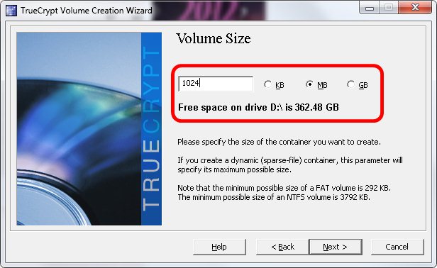 6 - Escolha do tamanho do arquivo criptográfico no Truecrypt 6 - Escolha do tamanho do arquivo criptográfico no Truecrypt