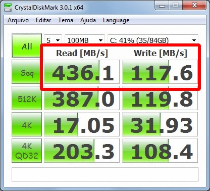 Teste com um bloco de 100 MB - CrystalDiskMark Teste com um bloco de 100 MB - CrystalDiskMark