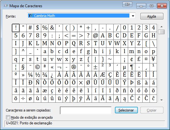 Mapa de caracteres do Windows 7 Mapa de caracteres do Windows 7