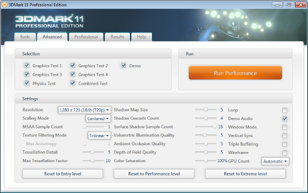 3DMark11 - Configurações do modo Performance 3DMark11 - Configurações do modo Performance