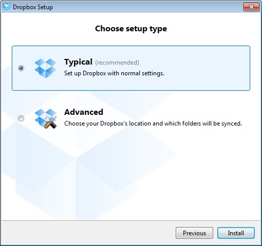 Escolha das configurações do Dropbox Escolha das configurações do Dropbox
