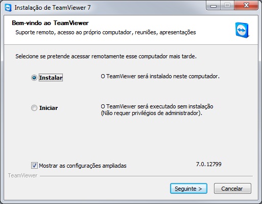 Tela inicial de instalação do Teamviewer Tela inicial de instalação do Teamviewer