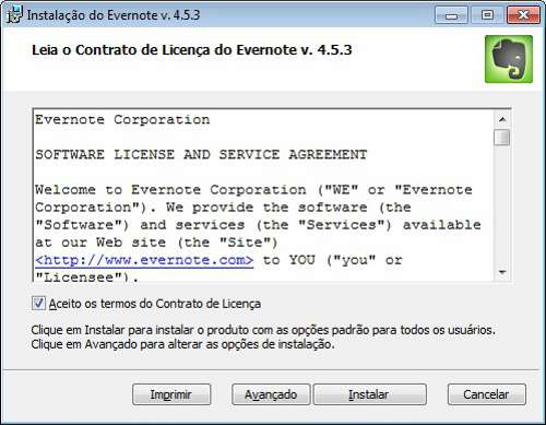 Tela inicial de instalação do Evernote Tela inicial de instalação do Evernote