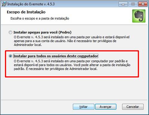 Opção de instalação para todos os usuários Opção de instalação para todos os usuários