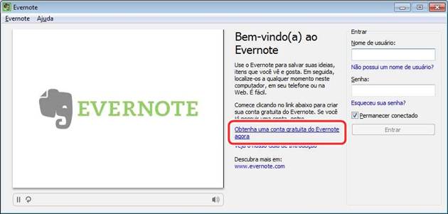 Tela de boas vindas do Evernote Tela de boas vindas do Evernote