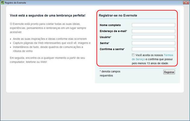 Cadastro de uma nova conta no Evernote Cadastro de uma nova conta no Evernote