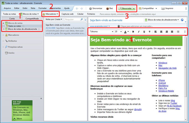 Tela inicial do Evernote Tela inicial do Evernote