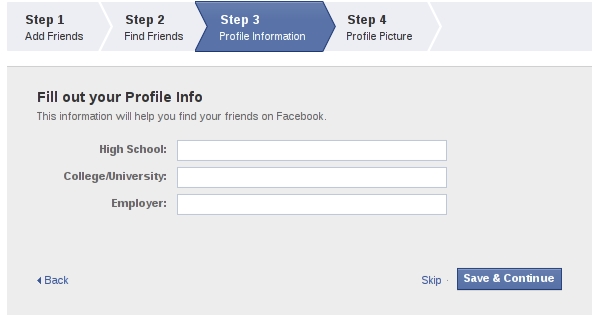 Passo 3 de criação de perfil do Facebook Passo 3 de criação de perfil do Facebook