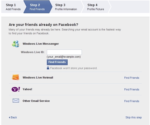 Passo 1 de criação de perfil do Facebook Passo 2 de criação de perfil do Facebook